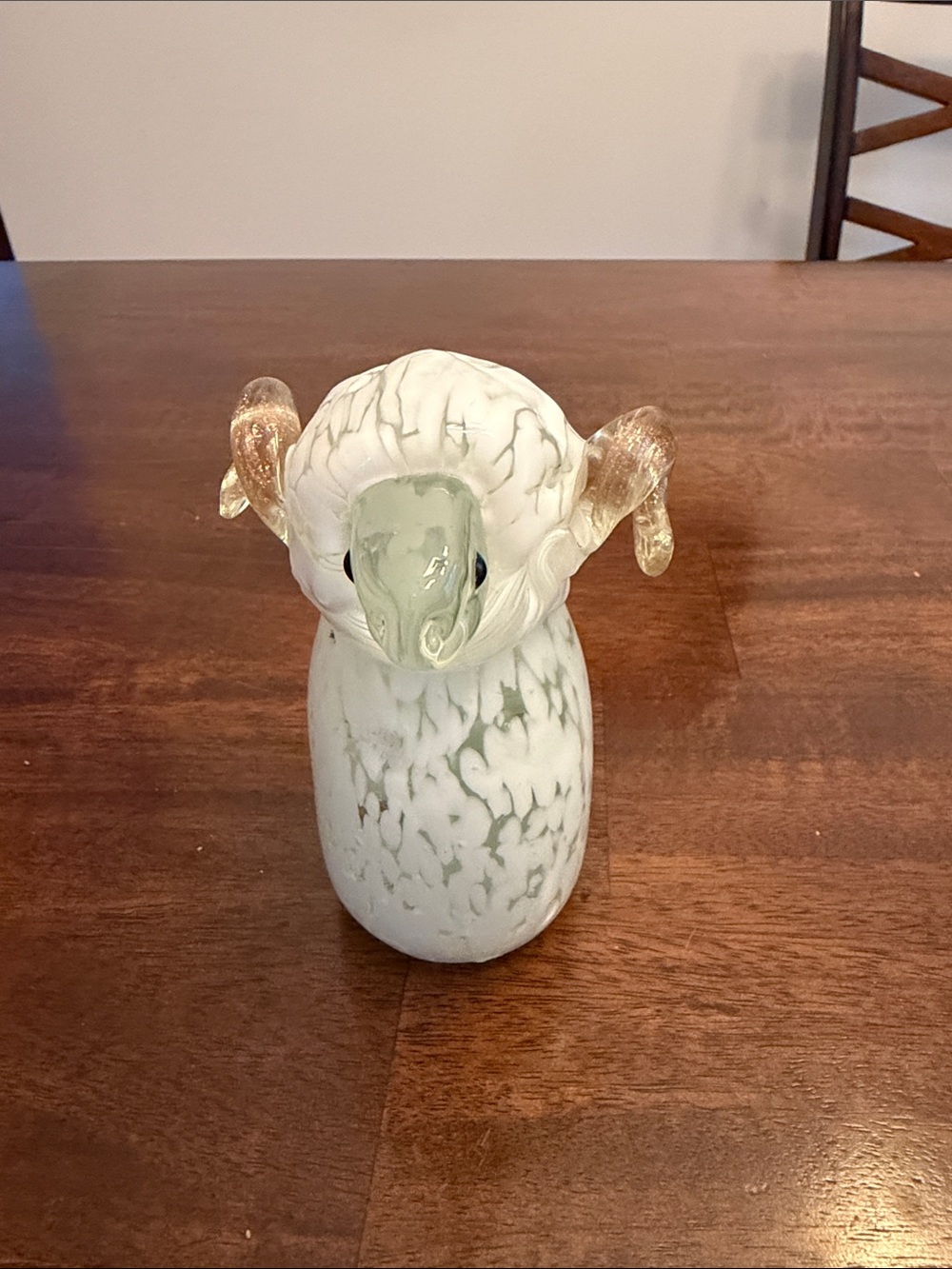 Handblown Glass Ram Sculpture in White and Green with Amber Horns